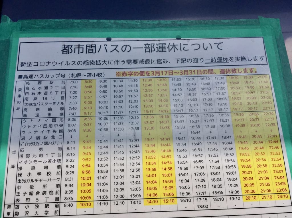 都市間バスの時刻表