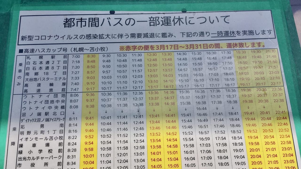 都市間バスの時刻表